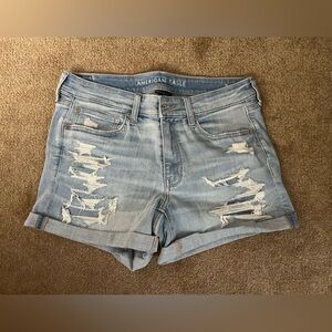 American Eagle High Waisted Midi Denim Jean Shorts, Size 12 Light Wash with Rips